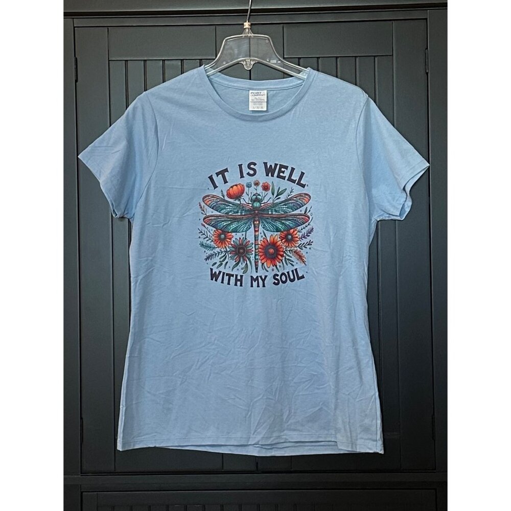 Port & Company Dragonfly T-Shirt L Blue‎ It Is Well With My Soul Christian Faith